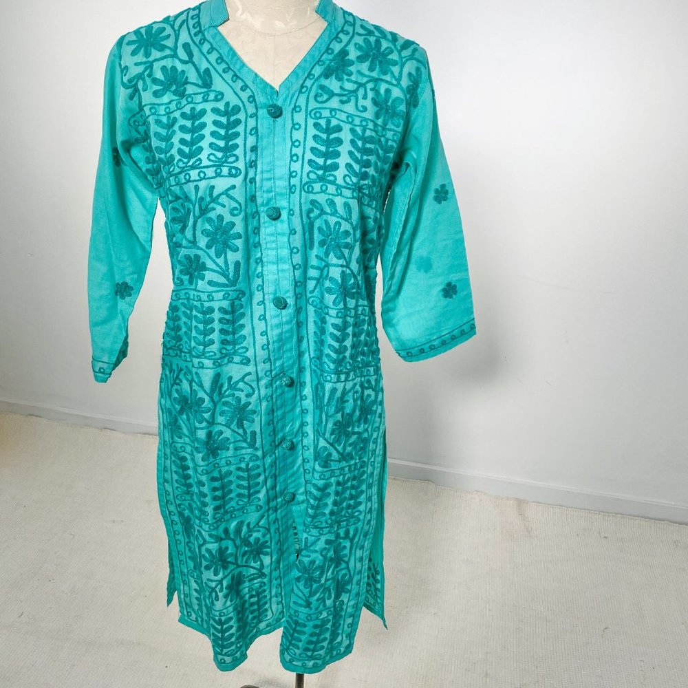 Vintage 70s S Boho Embroidered Tunic Dress Green - Picture 9 of 13